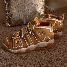 Nike Air More Uptempo - Wheat & White - New Dead Stock. Never Worn. No Box Size 7 Youth/Mens And An 8.5 In Womans Sizing. Not A Flaw. Immaculate Condition, Like Store New!! Nwob! Harder To Find Uptempo Style/Color Scheme. Nike Air More Uptempo Orange, Nike Uptempo Orange, Nike Air More Uptempo Cream, Nike Uptempo Brown, Nike Air Umptempo, Track Running Shoes, Nike Golf Shoes, Nike Air Max 200, Nike Runners