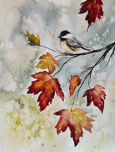 a painting of a bird sitting on a branch with autumn leaves