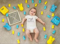 Peeps Easter Diy Pictures Baby, Easter Baby Photoshoot Peeps, Peeps Photo Shoot Baby, Baby Photoshoot Boy 6 Months, 7 Month Old Easter Pictures, April Fools Baby Photoshoot, Baby April Photo Ideas, 1 Month Old Baby Pictures March