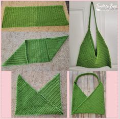 the instructions to make an origami triangle purse with green yarn and thread on it