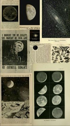 an old book with pictures of planets and stars on the pages in black and white