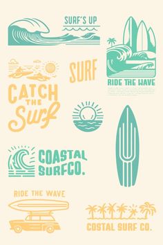 various surf stickers on a white background