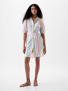 Soft linen-cotton mini shirtdress.  Crewneck.  Elbow puff sleeves.  Button front.  Tie-belt at waist.  *Fit: Relaxed.  A straight & easy fit.  Hits above the knee.  Models wearing Gap Feminine Clothing, Upcycle Clothes Diy, Button Shirt Dress, Short Puff Sleeve, Stylish Clothes, White Rainbow, Gap Dress, Mini Shirt Dress, Feminine Outfit