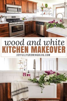 kitchen makeover with wood and white cabinets, flowers in the window boxes, and towels on the counter