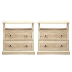 two white nightstands sitting next to each other on top of a wooden shelf with drawers