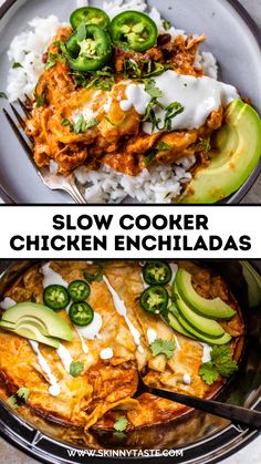 slow cooker chicken enchiladas with avocado and sour cream sauce