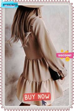 Button Layered Long Sleeve Mini Dress Chic Solid Color A-line Shirt Dress, Chic A-line Dress With Button Cuffs, Beige Buttoned Midi Dress, Beige Midi Dress With Buttons, Chic Beige Mini Dress With Buttons, Beige Solid Color Dress For Day Out, Beige A-line Mini Dress, Chic Button-up Dress For Casual Occasions, Chic Button-up Mini Dress With Covered Buttons