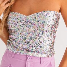 Super Cute Multicolored Strapless Sequin Top Multicolor Sleeveless Tube Top For Party, Chic Fitted Multicolor Tube Top, Summer Sequined Bandeau Tops, Sequin Tube Top For Spring Party, Sequin Bandeau Top For Summer, Spring Party Sequin Tube Top, Multicolor Party Tube Top, Chic Multicolor Tube Top For Party, Chic Multicolor Sequined Tops