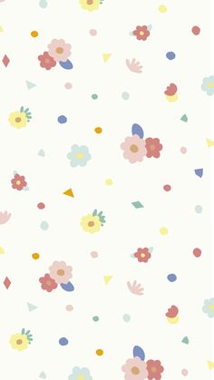 a white background with colorful flowers and dots