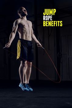 a man holding a jump rope while standing on top of a gym floor with the words jump rope benefits