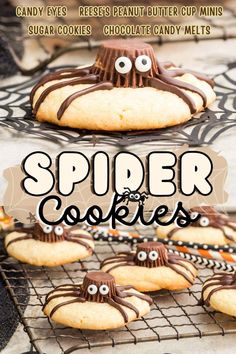 spider cookies with googly eyes and chocolate on top are ready to be eaten for halloween