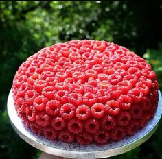 a cake that is sitting on top of a metal platter in front of some trees