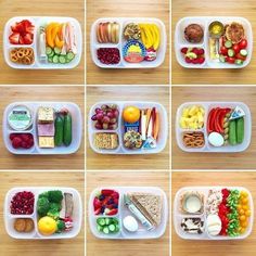 several pictures of different types of food in plastic containers on a wooden counter top, including fruits, vegetables and crackers