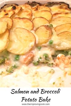 salmon and broccoli potato bake in a white casserole dish with text overlay