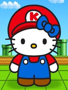 the hello kitty character is standing in front of a field with green grass and blue sky