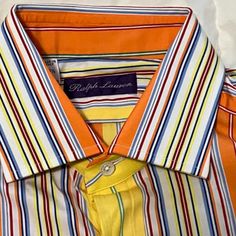 Ralph Lauren Purple Label Shirts Are Very Rare, Of Top Quality And Top Of The Line (See Note Below And The Purple Label Category On The Rl Website). Made In Italy Size 15.5/33 100% Cotton $180 Purchased New, Never Worn. Has Been In Wardrobe Storage, And So Needs Ironing To Appreciate Its Fine Draping And Look Handsome Dress Shirt With Beautiful Vibrant Colors That Is Sure To Get Second Looks Whether As Part Of A Formal Or Informal Ensemble Buttons On Sleeves To Close/Open Vents "Purple Label Is Designer Multicolor Button-up Tops, Designer Multicolor Summer Shirt, Designer Fitted Multicolor Shirt, Classic Orange Summer Shirt, Multicolor Collared Shirt For Work, Designer Long Sleeve Yellow Tops, Designer Yellow Summer Tops, Classic Multicolor Shirt For Spring, Classic Multicolor Short Sleeve Shirt