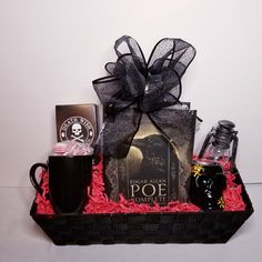 a gift basket with coffee, tea and other items in it for someone's special occasion