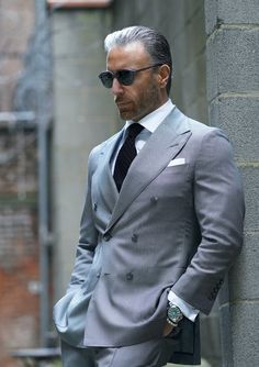 Four Button Suit Men, Grey Double Breasted Suit Men, Elegant Suits Men, Christopher Korey, Peak Lapel Suit, Tuxedo Wedding Suit, Grey Suit Men, Double Breasted Tuxedo, Best Dressed Man