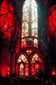 the interior of a gothic church lit up with red lights and stained - glass windows