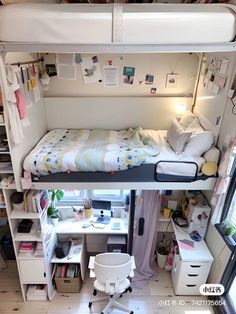 a loft bed is built into the side of a small room with desk and chair