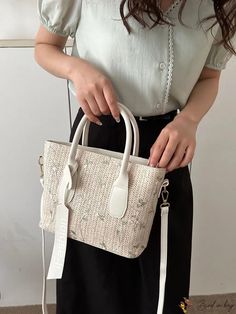 BirdinBag - Chic Straw Bag with Floral Embroidery & Letter Tape Detailing Embroidered Top Handle Bag For Daily Use, Embroidered Top Handle Shoulder Bag, Ladies' Floral Embroidery Top Handle Bag, Embroidered Double Handle Shoulder Bag For Shopping, Embroidered Beige Tote Shoulder Bag, White Embroidered Shopping Bags, White Straw Shoulder Bag With Detachable Strap, Beige Embroidered Straw Tote Bag, Beige Embroidered Straw Bag For Everyday Use