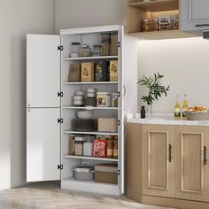 an open refrigerator in the middle of a kitchen