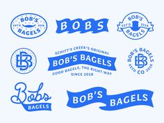 the logos for bob's bagels are blue and white