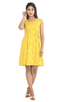 Smart Floral Print Lemon Yellow Cotton Dress.  Fast color and smart floral print.  100 % cotton for keeping you cool every time. Smart Floral Print Cream print Cotton Dress. Bright Cream color, fast color With matching cotton fabric belt and stylish fabric, giving stylish and ethnic look. 100 % cotton for keeping you cool every time. Anti static dress. We make our own products with our own brand label KOTTON TRENDS.  So, you get always a fresh and total hygienic product made in disinfected environment. Our rates are very genuine and we believe in high quality product with a reasonable rate.  Shipping is depends on country to country, so it is better to go for multiple product for cost effective. We confirm size before dispatch, for perfect fit. Length - 36 inches. Standard Measurement acco Summer Cotton Belted Dress With Tie Waist, Fitted Cotton Belted Dress For Spring, Cotton Tie Waist Knee-length Dress, Knee-length Cotton Dress With Tie Waist, Cotton Knee-length Dress With Tie Waist, Sleeveless Cotton Belted Dress, Static Dress, Cotton Dress Short, Yellow Cotton Dress