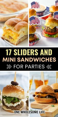 Collage of sliders and mini sandwiches. Make Ahead Party Food, Rolled Sandwiches, Slider Sandwiches, Cold Sandwiches, Party Sandwiches, Lake Food Ideas Summer, Mini Sandwiches, Lake Food Ideas