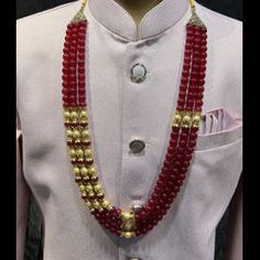 Enamel Red and Maroon color Groom Necklace in Metal Alloy studded with Pearl Red Bridal Necklace With Round Beads For Festivals, Red Round Beads Kundan Necklace For Festivals, Red Necklace For Formal Festivities, Traditional Red Necklaces For Formal Occasions, Traditional Red Necklace For Formal Occasions, Traditional Red Necklace For Formal Events, Red Kundan Necklace With Round Beads For Festivals, Red Pearl Necklace For Festive Gift, Festive Red Pearl Necklace As Gift