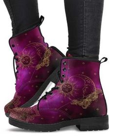 "Title: Womens Boots Fashion Customized Gifts Mom Friend High Quality Laces Ankle Winter Unique Nature Custom Leather Vegan Shoes Description: All of our Women's Leather Boots are custom-made-to-order and handcrafted to the highest quality standards. *Features vegan-friendly leather with a double-sided print and rounded toe construction. *Lace-up closure for a snug fit. *Soft textile lining with sturdy construction for maximum comfort. *High-quality rubber outsole for traction and exceptional du Womens Boots Fashion, Moon Mandala, Hippie Boots, Combat Style, Mom Friend, Gifts Mom, Custom Boots, Gold Sun, Mens Leather Boots