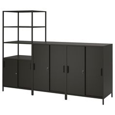 a black cabinet with three doors and two shelves on each side, next to a white background