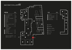 a black and white floor plan with some red dots on the ground, including several rooms