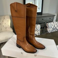 Nib Sam Edelman Drina Leather Knee High Riding Boot Whiskey Brown Tan Size 8 New In Box, Never Worn! Gorgeous Whisky Brown Color Size 8 True To Size Leather Retails For $250 Smooth Leather Panels Come Together To Create A Tall Boot Structured Lug Sole For Grippy Comfort 1 1/2" Heel (Size 8.5) 17 1/2" Shaft; 15" Calf Circumference Leather Upper/Synthetic Lining And Sole Will Ship Quickly From A Smoke-Free Home! New To Poshmark? Use Code Fashionbyashlyn For $10 Off Your First Purchase! Leather Knee-high Boots For Ranch, Riding Boots With Leather Sole And Saddle Shape, Classic Moto Boots, Casual Leather Riding Boots, Classic Moto Boots With Leather Sole And Medium Width, Classic Brown Moto Boots Medium Width, Calf Leather Riding Boots With Leather Lining, Casual Riding Boots With Leather Footbed, Riding Boots With Leather Lining