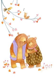 two bears standing next to each other under a tree with hearts flying above them and one bear holding the back of another bear