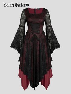 Black Steampunk, Plus Size Gothic, Punk Woman, Gothic Lace, Big Promotion, Extra Long Sleeves, Irregular Hem, Long Sleeve Lace Dress, Midi Dress With Sleeves