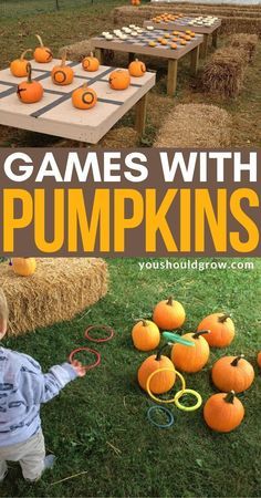 a young boy playing with pumpkins in the yard