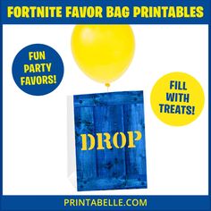 a blue bag with yellow balloons on it and the words drop written in gold foil