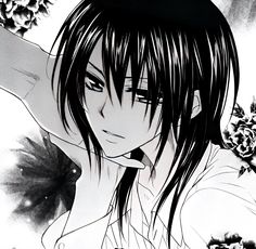 an anime character with long black hair and flowers in her hair, looking at the camera