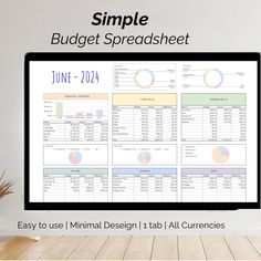 the simple budget spreadsheet is displayed on a computer screen, next to a potted plant