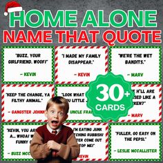 Home Alone Name the Quote Printable Game - Digital Download Host the ultimate holiday Christmas watching party with this entertaining Name That Quote - Home Alone Version! This game is designed to bring joy, laughter, and festive fun to your holiday parties, keeping your guests entertained. This fun game includes 32 fun cards with different quotes from Kevin, Buzz, Harry, Marv, and more! The Christmas-themed cards that will spark joy and laughter at your event. Instantly download and print the game, allowing you to spend more time enjoying the festivities with your loved ones! ♥️ There's no need to wait for a product to arrive in the mail; this is an instant, digital download! What's Included Inside: 🎄 32 Fun Cards 🎄 Answer Sheet  🎄 Rules & Directions BUNDLE & SAVE: https://www.etsy.com Home Alone Trivia, Games Christmas Party, Movie Night Theme, Christmas Party Activities, Home Alone Movie, Home Alone Christmas, Game Name, Christmas Movie Night, Games Christmas