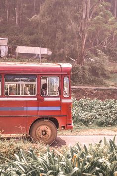 an old red bus is parked on the side of the road in front of some trees