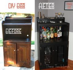 before and after photos of an old bar cart turned into a liquor cabinet with wine glasses on top