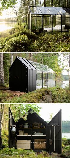 three different views of a small house in the woods, with windows on each side