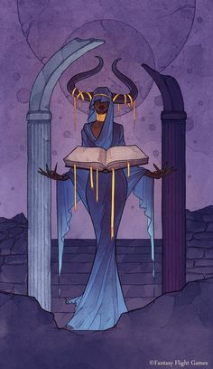 an illustration of a demon reading a book in front of a purple and blue background