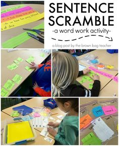 the words sentence scramble are written on sticky notes, and then cut into small squares