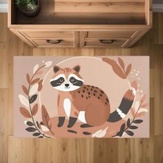 a raccoon is sitting on the floor in front of a cabinet with drawers