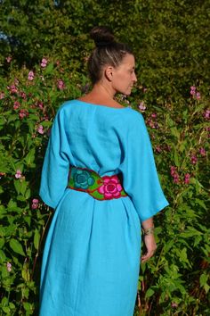 Linen Dress With Mexican Belt.mexican Collection.embroidered Linen Dress With Special Decor. Turquoise Color Linen Boho Designer Dress. - Etsy Serbia Green Embroidered Linen Dress, Blue Bohemian Linen Dress For Summer, Blue Bohemian Linen Beach Dress, Belt Mexican, Mexican Belt, Embroidered Linen Dress, Embroidered Linen, Designer Dress, Turquoise Color