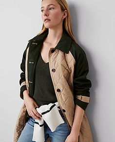 Elevate your weekend wardrobe with the Ann Taylor Weekend Quilted Mixed Media Mac Coat, a perfect blend of style and functionality. This coat features a sophisticated notched lapel, long raglan sleeves with button tabs, and a self-tie belt that accentuates the waist. The button front and angled front welt pockets add practicality and style, while the back storm flap and vent ensure comfort and ease of movement.

- Size: Medium
- Color: Baguette
- Material: Body 100% Polyester; Sleeves 97% Cotton Chic Quilted Jacket For Fall Workwear, Quilted Button-up Work Outerwear, Quilted Button-up Outerwear For Work, Chic Quilted Jacket For Workwear, Medium Coat, Petite Jacket, Blazer And Skirt, Weekend Wardrobe, Sleepwear & Loungewear