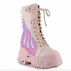 These WTF by Anthony Wang MTF Flame printed and spike Pink Unisex Fashion Boots are sure to be a showstopper, they are unique and fun. They have painted flames on the sides in pink and blue and have metal spike studs on the sole and on the back. They lace up, but also have a zipper to make them easy to put on and take off. They are super comfortable and cute and perfect for cosplay, festivals and everyday. They have a hidden wedge of 4 inch but also a 2 inch platform. They run true to size have Painted Flames, Womens Knee Boots, Skz Concert, Women's Lace Up Boots, Pink Goth, Womens Duck Boots, Ellie Shoes, Metal Spikes, Round Toe Shoes